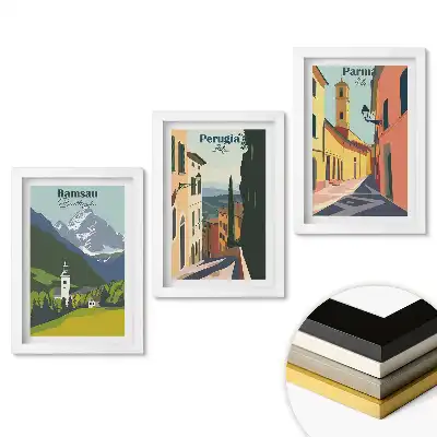 Zestaw obrazów do salonu z grafikami przedstawiającymi malownicze miasta Europy
