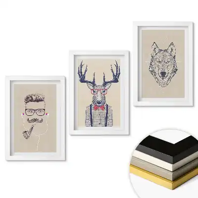 Zestaw 3 obrazów w ramie z ilustracjami zwierząt i ludzi
