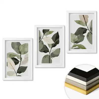 Zestaw obrazów do salonu Elegancja liści w minimalistycznym stylu