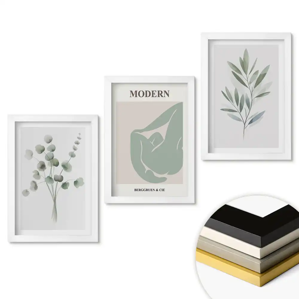 Zestaw trzech obrazów do salonu z grafikami roślinnymi w pastelowych kolorach