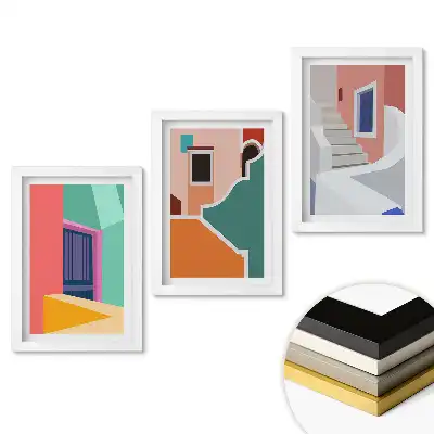Zestaw 3 obrazów w ramie z kolorowymi geometrycznymi kompozycjami architektonicznymi