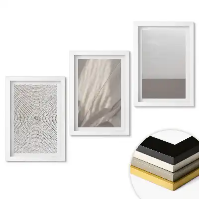 Zestaw 3 obrazów w ramie z minimalistycznymi kompozycjami w neutralnych tonach