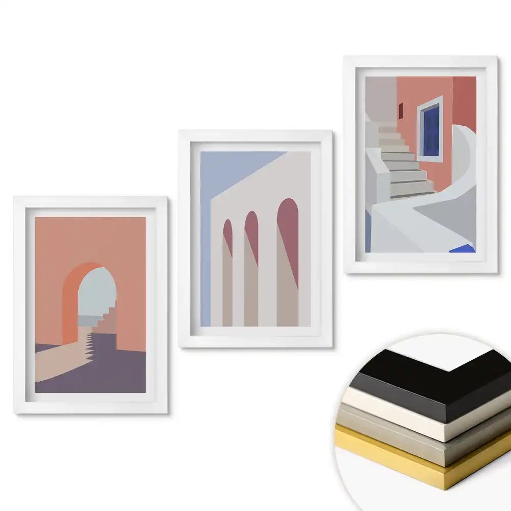Zestaw 3 obrazów do salonu z abstrakcyjnymi kompozycjami architektonicznymi