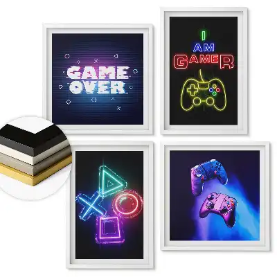 Zestaw 4 obrazów w ramie z neonowymi grafikami dla graczy