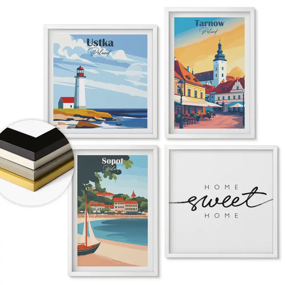 Zestaw obrazów w ramach z motywem polskich miast w stylu retro