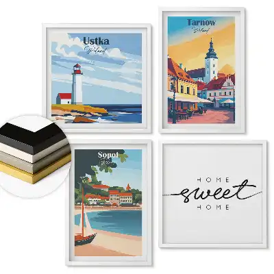 Zestaw obrazów w ramach z motywem polskich miast w stylu retro