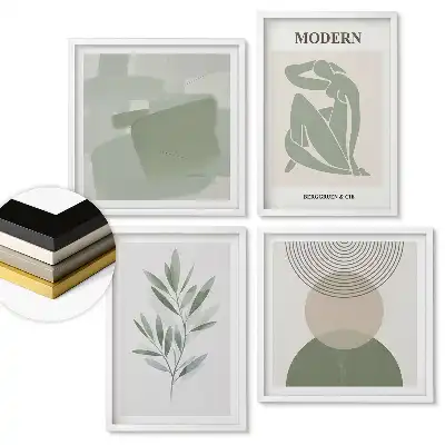 Galeria ścienna z nowoczesnymi grafikami w stonowanej kolorystyce