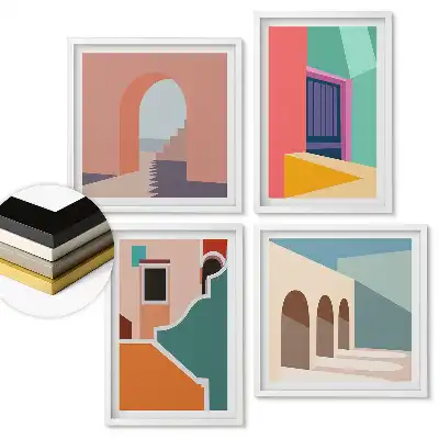 Zestaw 4 obrazów w ramie z motywem kolorowych abstrakcji architektonicznych