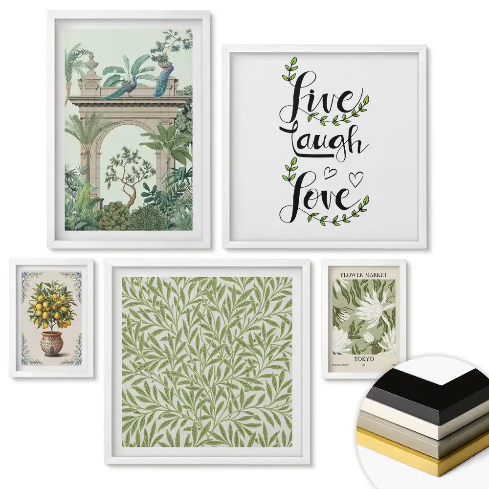 Galeria ścienna z inspiracjami do wnętrz w stylu botanicznym