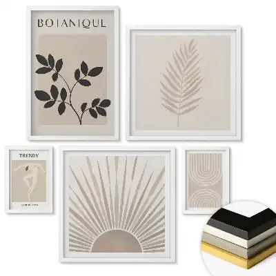 Zestaw 5 obrazów w ramie ze stylowymi grafikami w odcieniach beżu