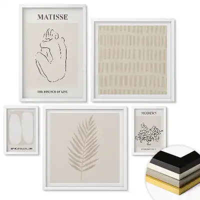 Zestaw 5 obrazów w ramie o minimalistycznej stylistyce w neutralnych barwach