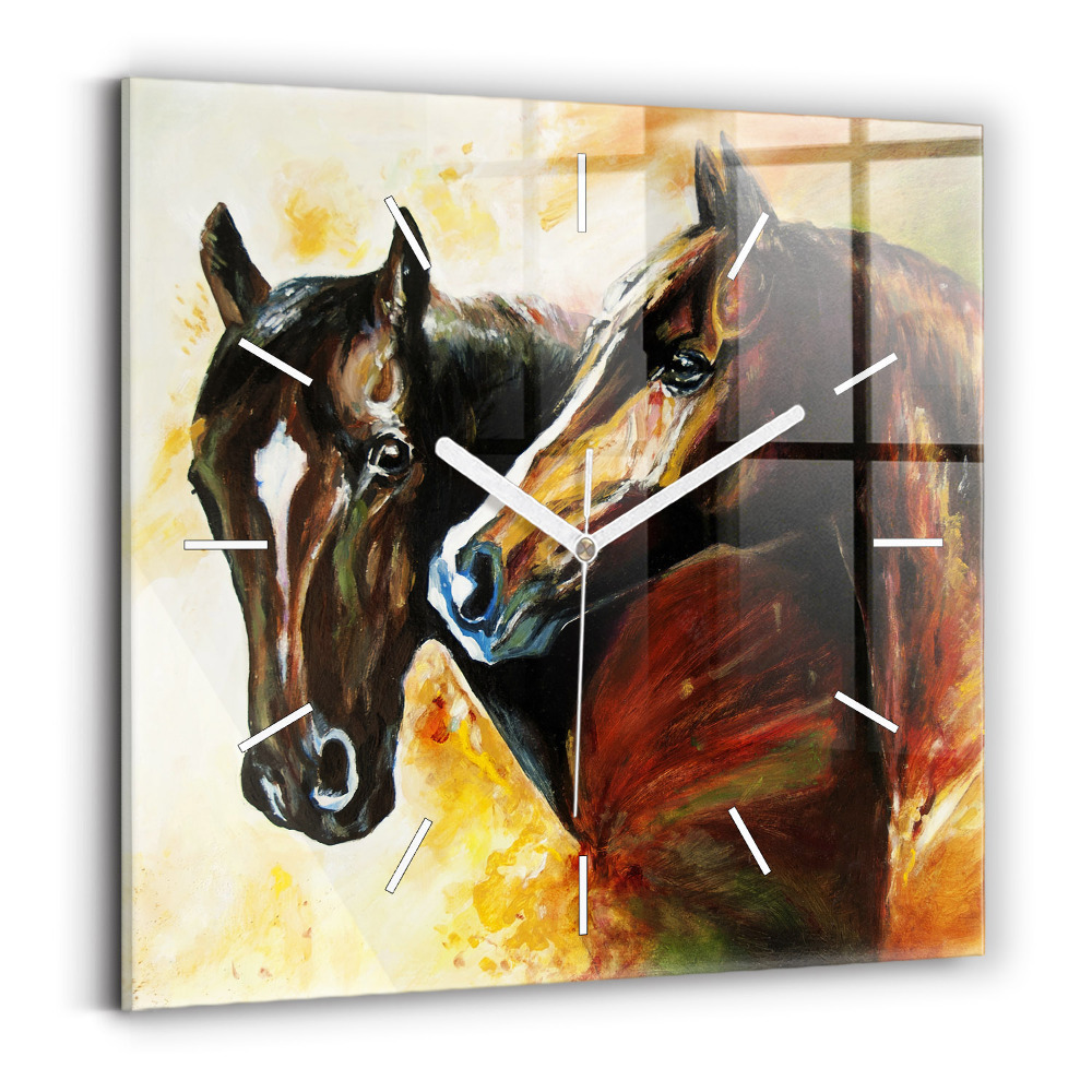 Zegar szklany kwadratowy Malowane dwa konie