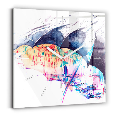 Zegar ścienny kwadratowy Deszcz parasol i miasto