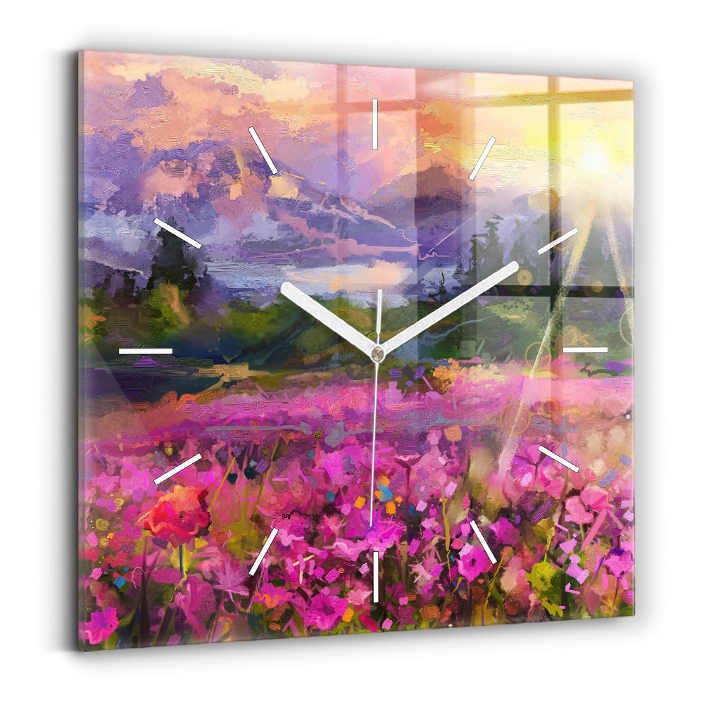 Zegar szklany kwadratowy Pejzaż natury i kwiatów