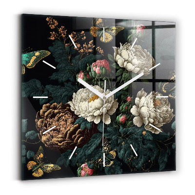 Zegar szklany kwadratowy Kwiat i złote motyle