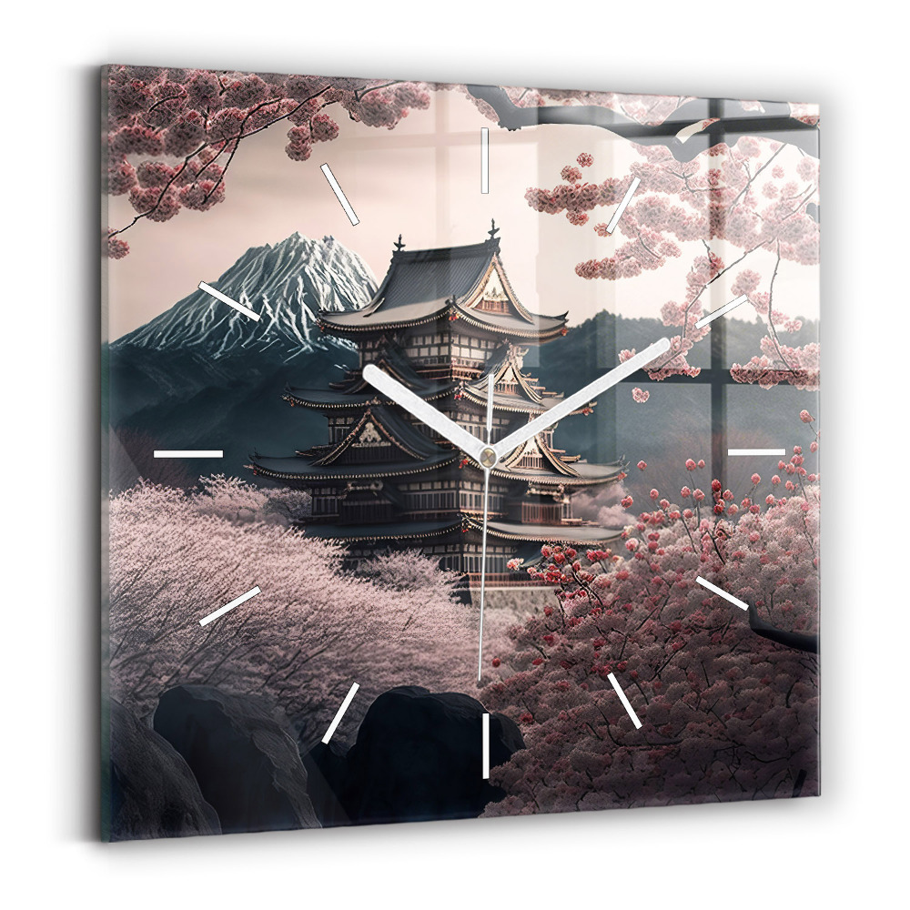 Zegar szklany kwadratowy Wieża i kwiaty w Azji