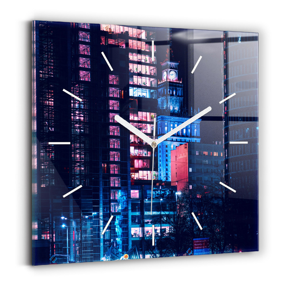 Zegar szklany kwadratowy Warszawa w nocy