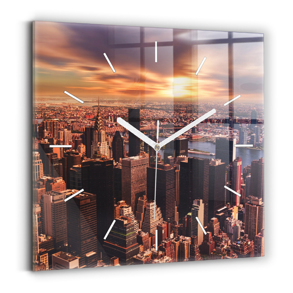 Zegar szklany kwadratowy Panorama miasta zachód