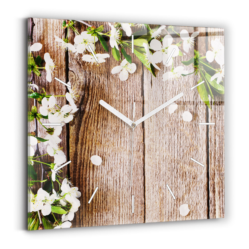 Zegar ścienny kwadratowy Kwiaty na drewnie